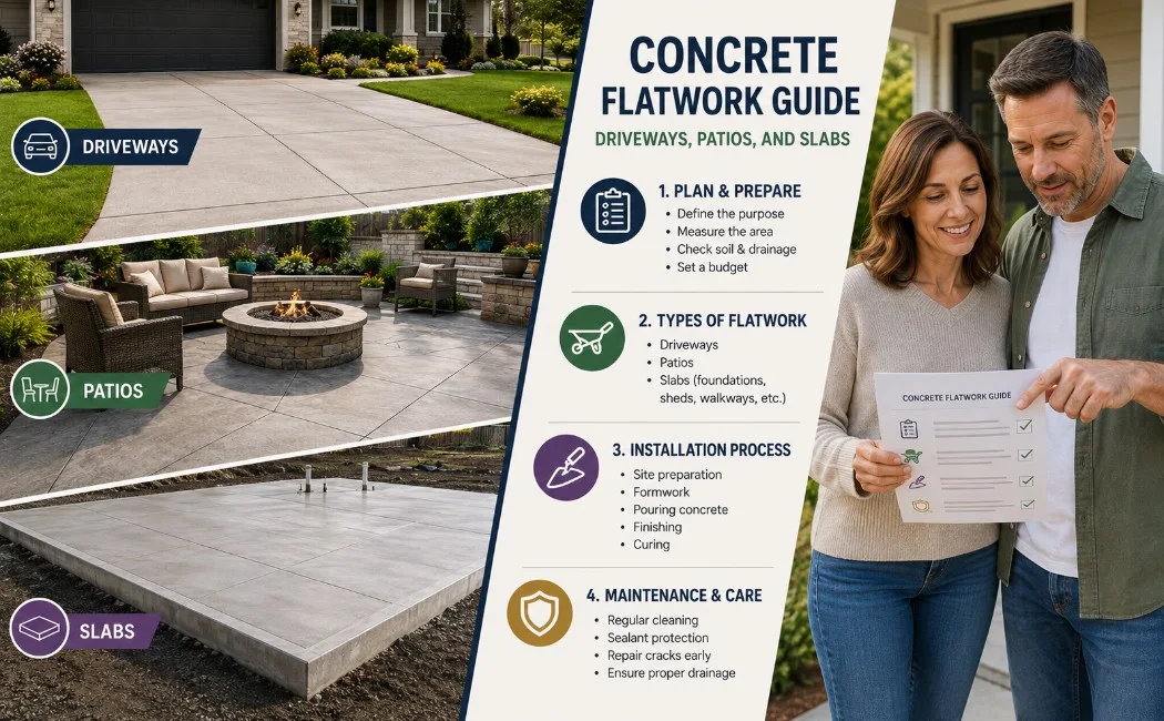 Concrete flatwork guide showing driveways, patios, and concrete slabs